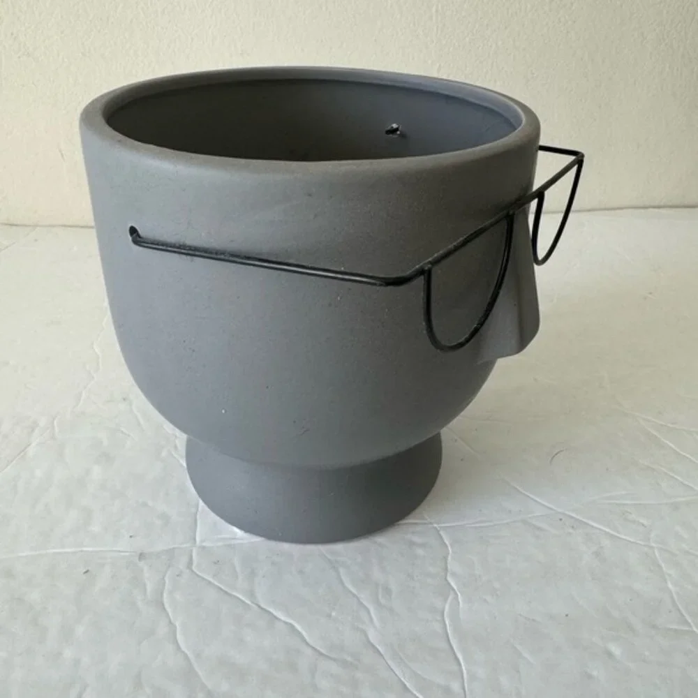 Face with glasses 6in ceramic planter gray